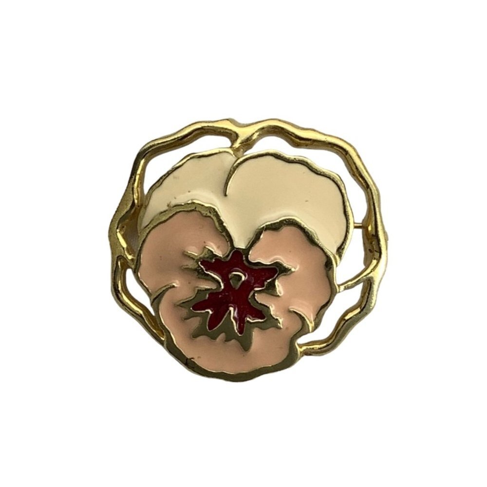 Vtg‎ 80s Avon Full Bloom Pansy Brooch Pin Enamel Gold Tone 1.5" Floral Flower